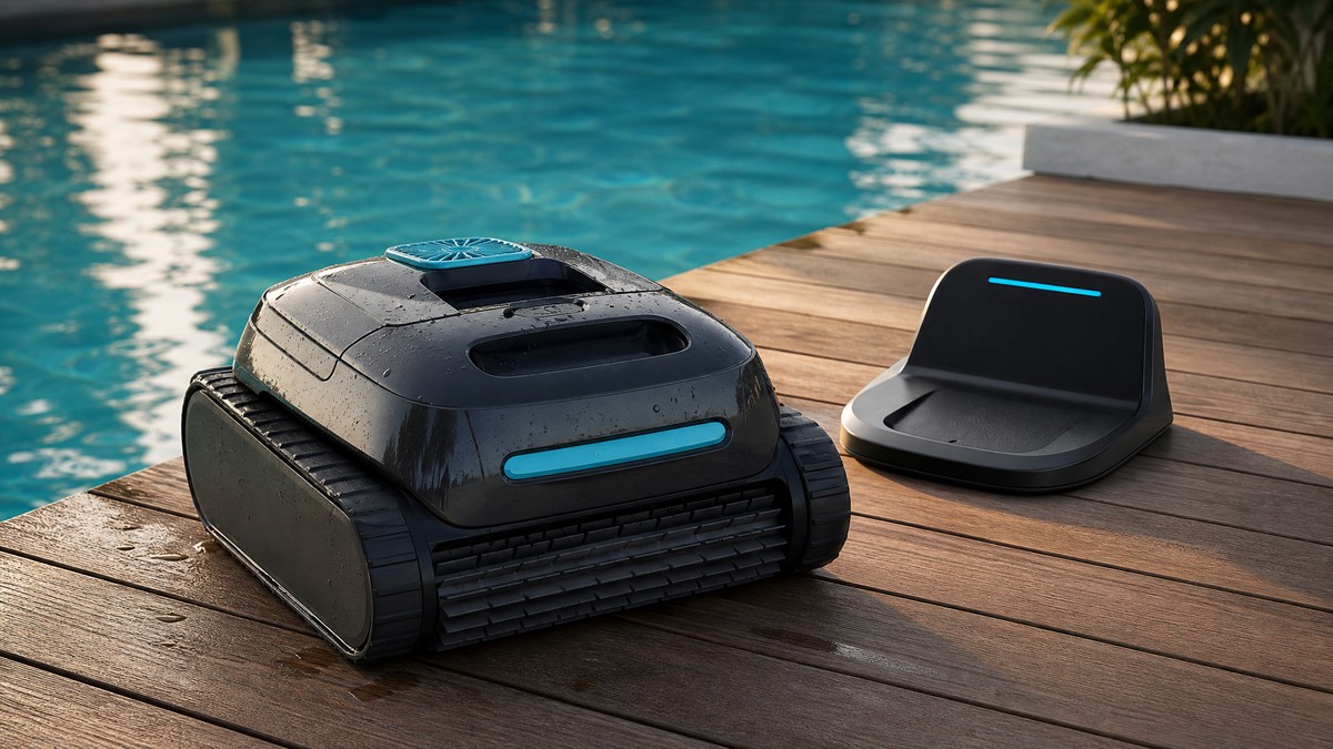 Robot pulitore senza fili AIPER appena estratto dall'acqua con il suo dock di ricarica accanto alla piscina