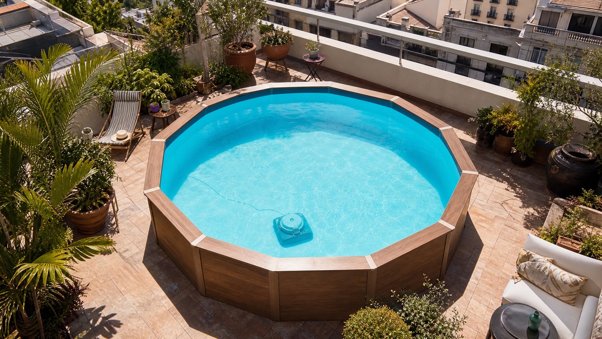 Mini robot pulitore WYBOT sul fondo di una piccola piscina su una terrazza urbana