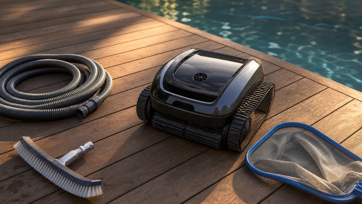 Robot pulitore premium su un deck di legno accanto a canna, spazzola e retino come investimento integrale