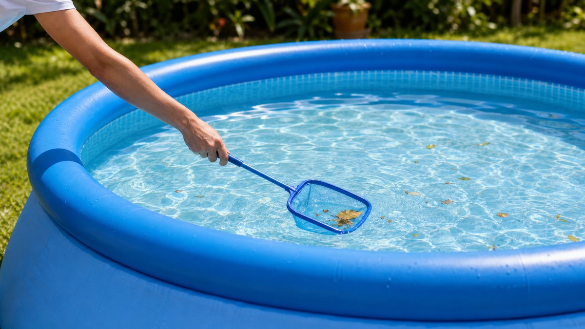 Piscina gonfiabile familiare di tre metri pulita manualmente con il retino — caso in cui il robot non conviene