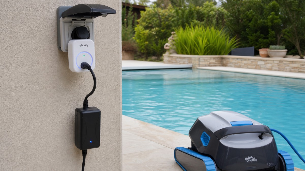 Presa intelligente Shelly Wi-Fi collegata tra il muro e l'alimentatore del robot per misurare il consumo