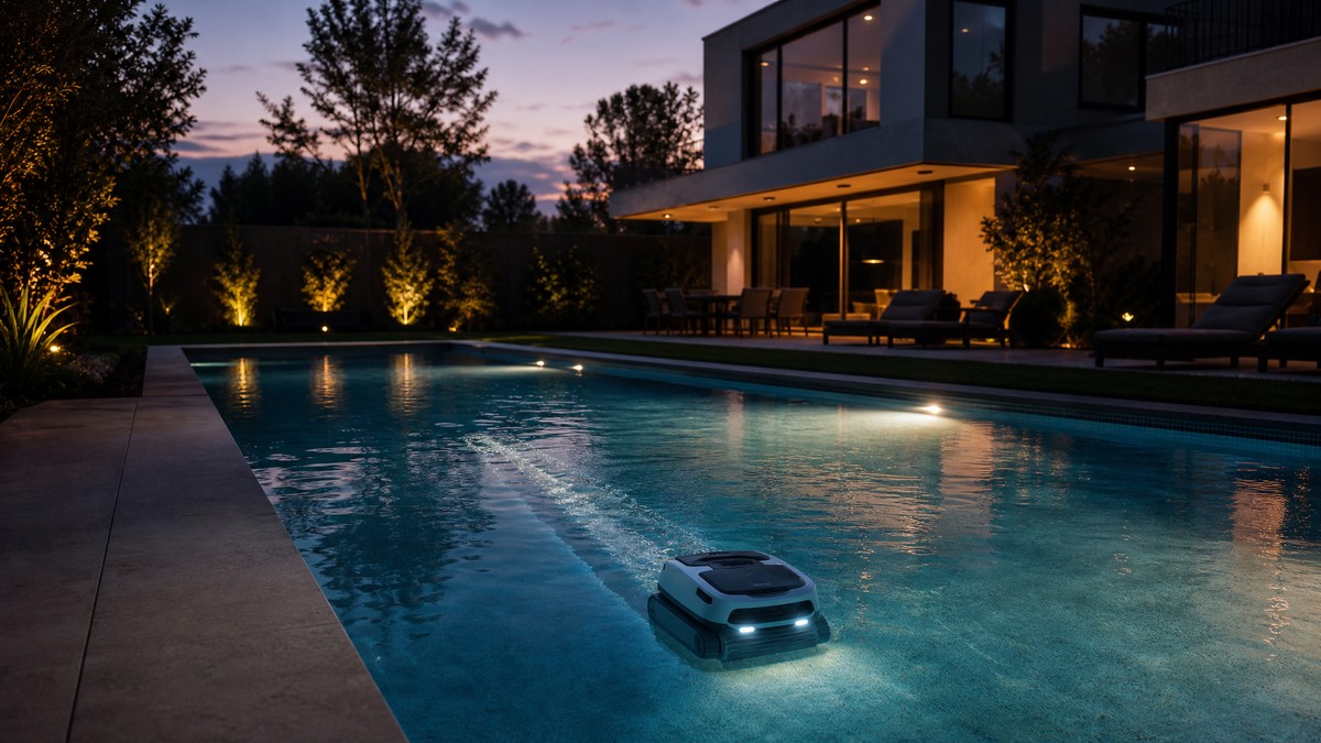 Piscina residenziale al tramonto con il robot al lavoro sfruttando la tariffa elettrica notturna più economica