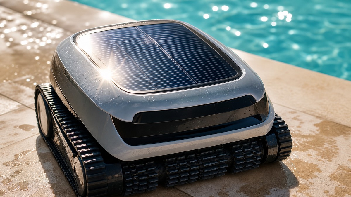 Pannello solare fotovoltaico integrato nella parte superiore di un robot pulitore senza fili