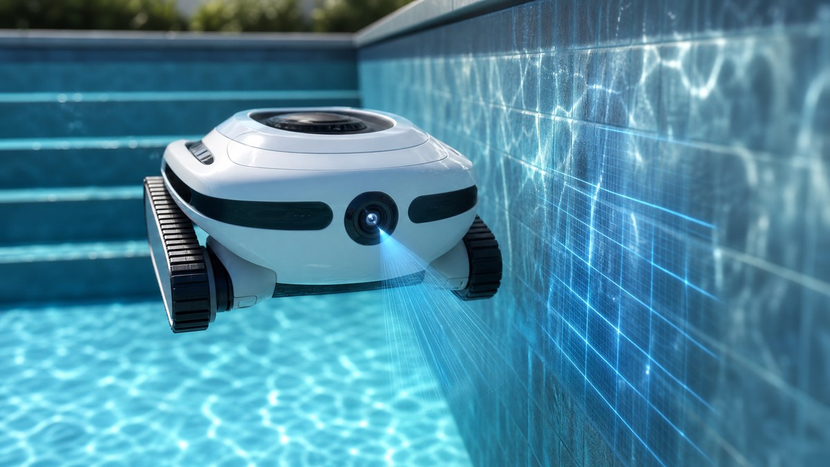 Robot pulitore con telecamera di intelligenza artificiale visibile mentre mappa la parete interna di una piscina