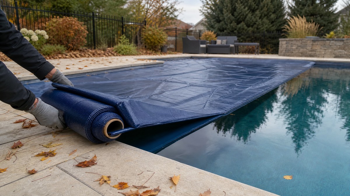 Copertura invernale rinforzata srotolata su una piscina residenziale a fine autunno