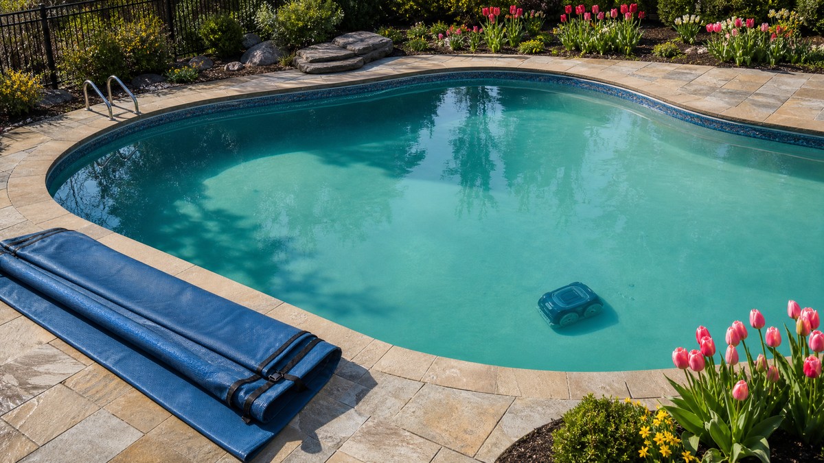 Piscina residenziale appena aperta in primavera con un robot pulitore che lavora nel suo primo ciclo della stagione