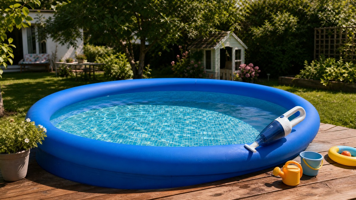 Aspiratore acquatico manuale accanto a una piscina gonfiabile familiare in giardino