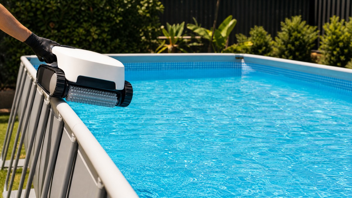 Mano guantata che introduce un mini robot pulitore in una piscina fuori terra in acciaio