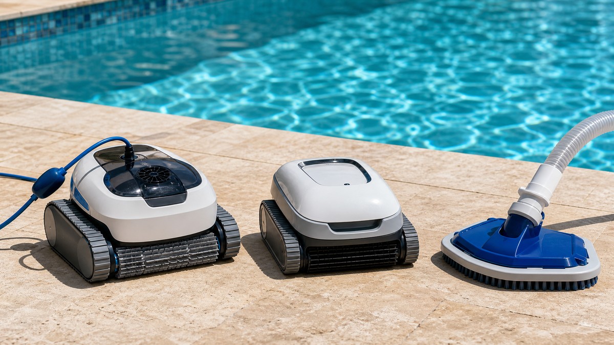 Tre tipi di robot pulitori compatti allineati per il confronto per piscine piccole