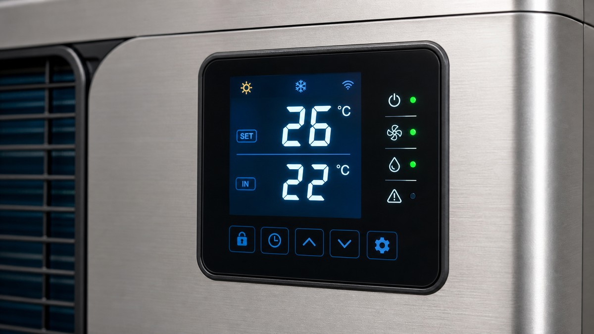 Pannello digitale di controllo della pompa di calore per piscina che mostra la temperatura obiettivo e attuale