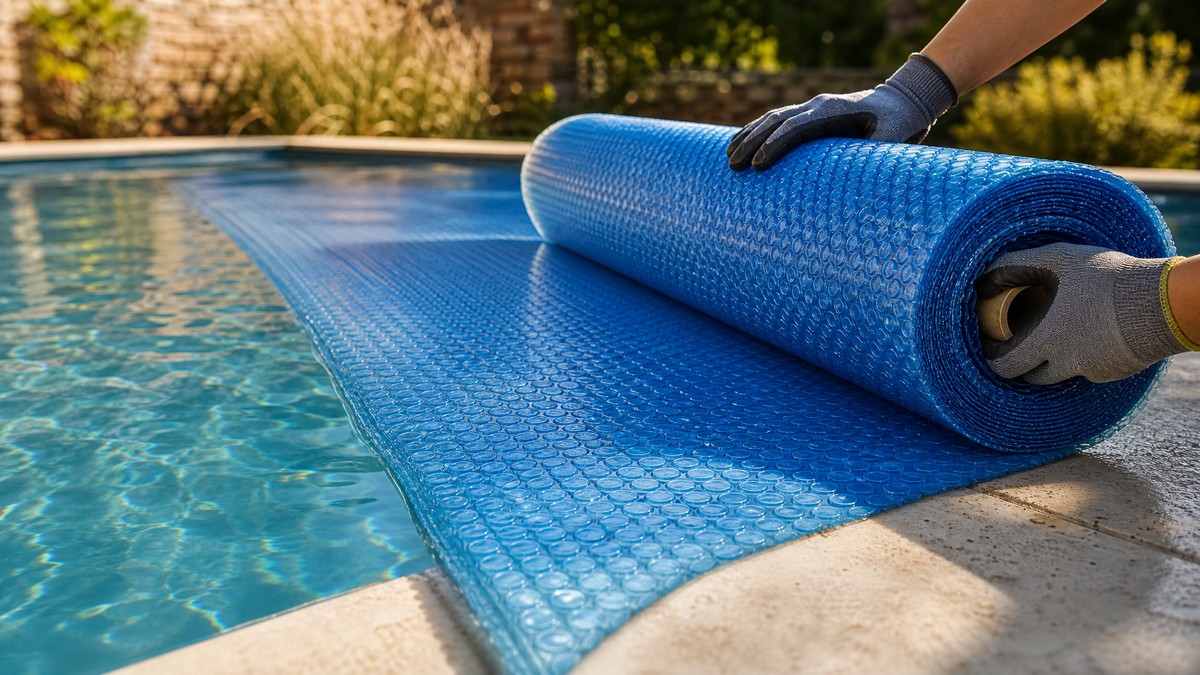 Telo termico geobubble srotolato su una piscina residenziale per conservare il calore