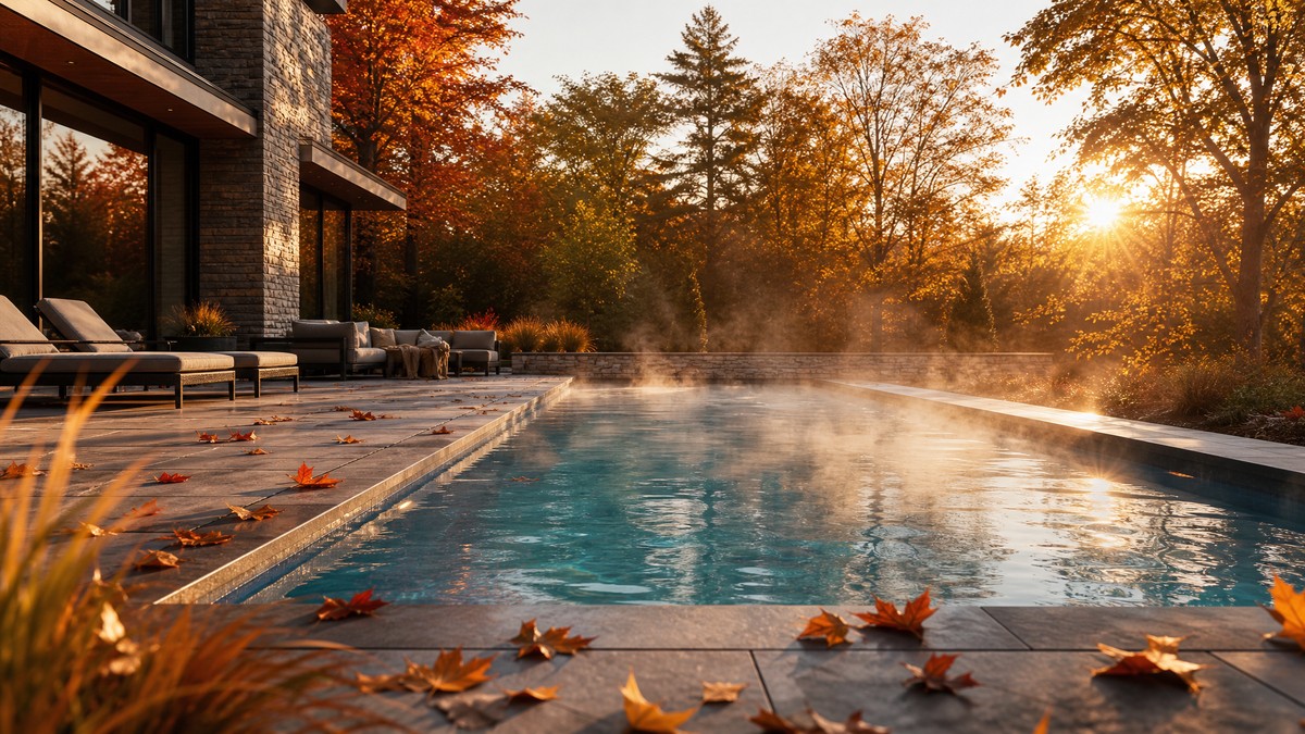 Piscina residenziale fumante all'alba d'autunno grazie alla pompa di calore