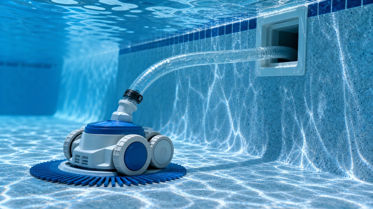 Pulitore idraulico ad aspirazione collegato allo skimmer della piscina con tubo trasparente