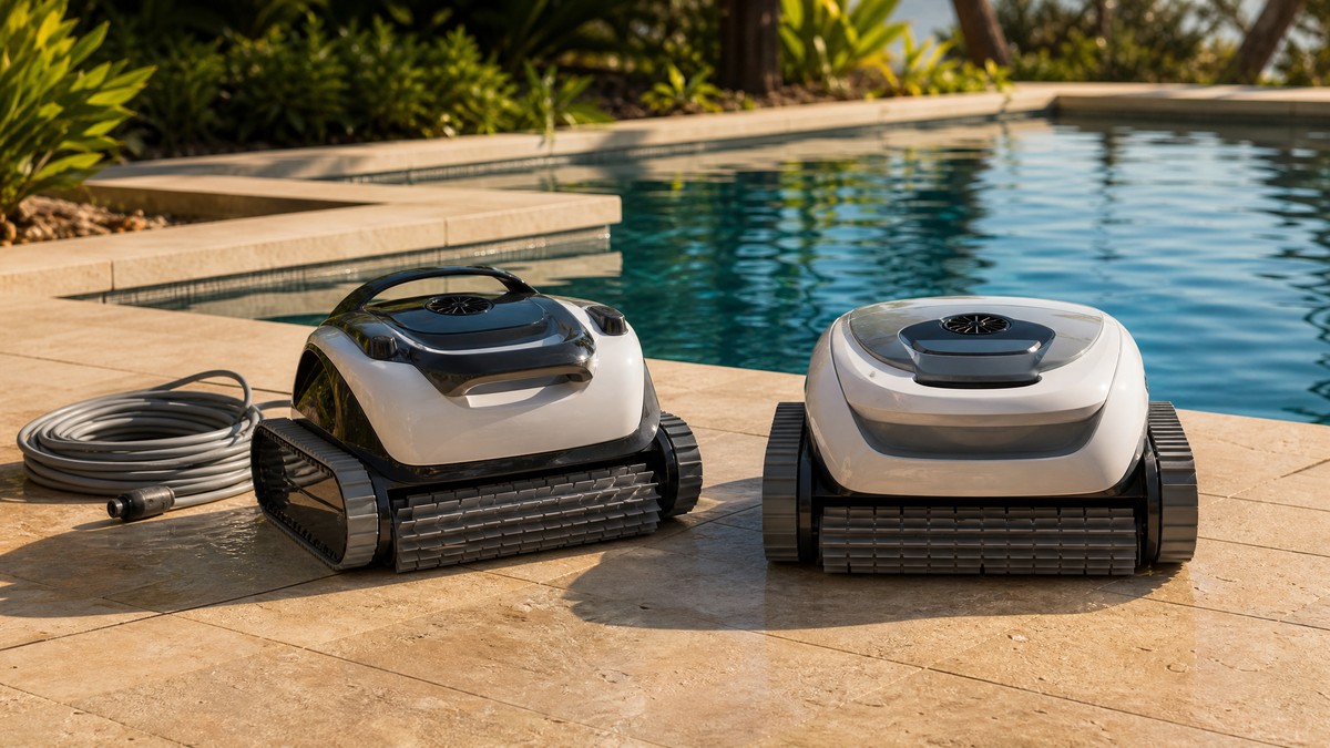 Confronto visivo tra robot pulitore elettrico con cavo e robot senza fili a batteria sul deck