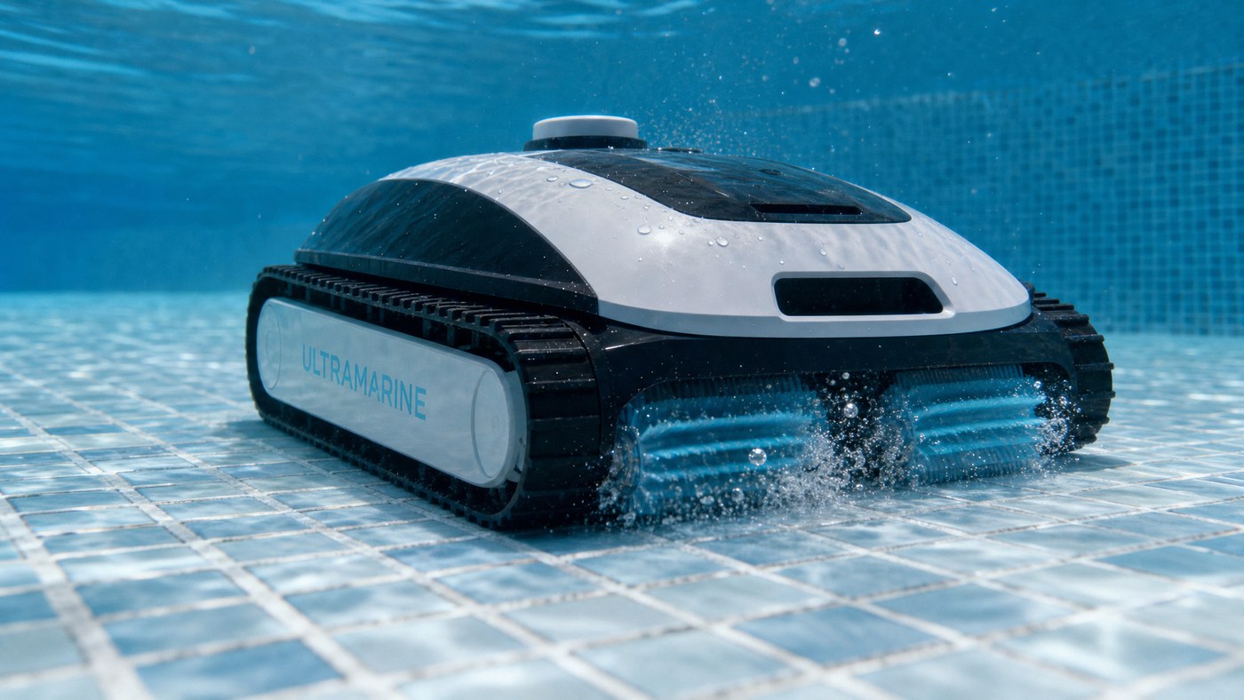 Ecovacs Ultramarine P1 opinioni — mentre pulisce il fondo con spazzole ciano