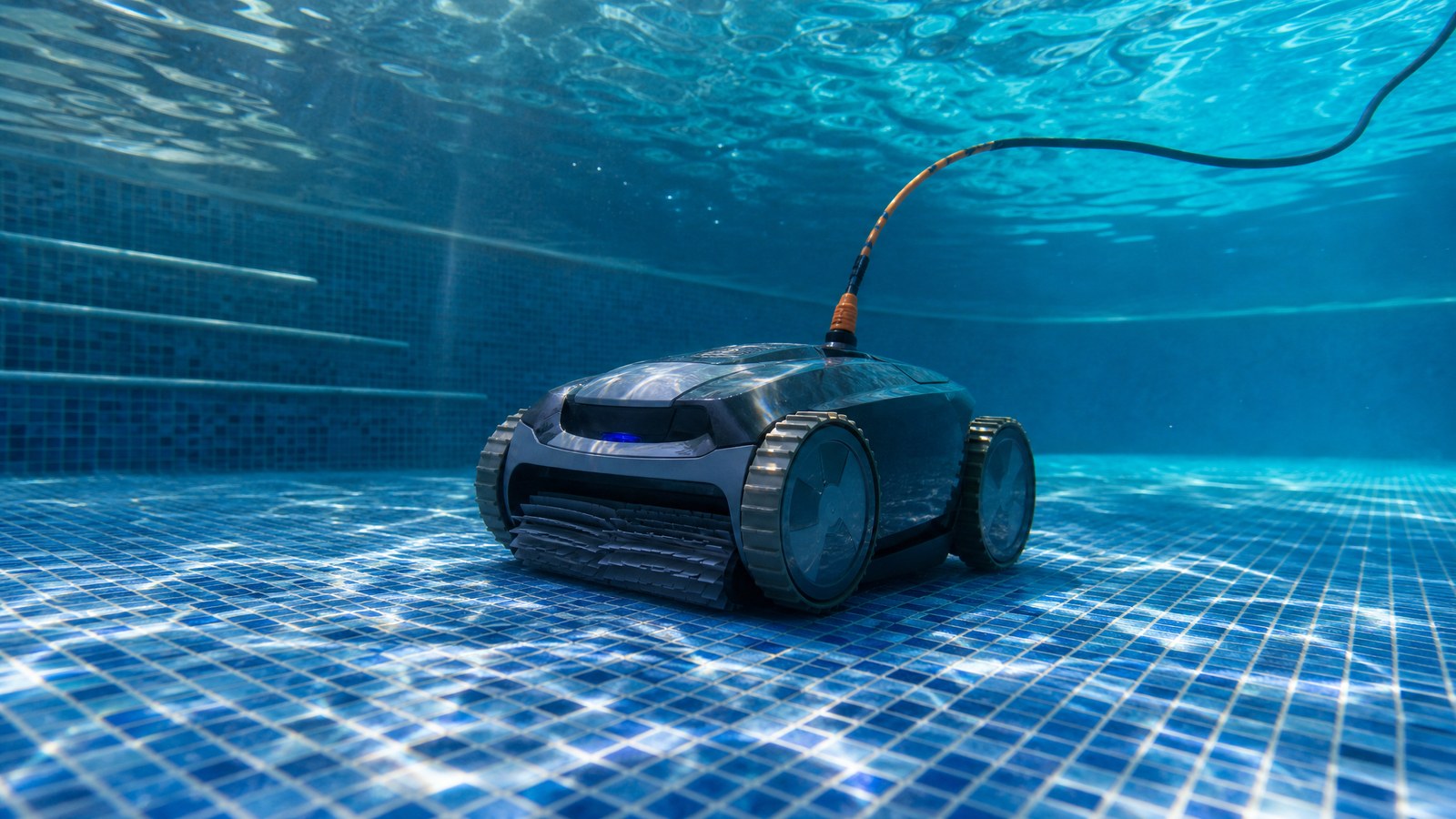 Polaris F9550 Sport opinioni — 4WD mentre pulisce il fondo di una piscina in gres