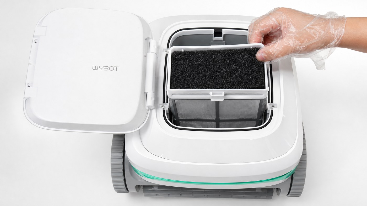 WYBOT A1 recensione — dettaglio del filtro a doppio strato da 180 µm + spugna