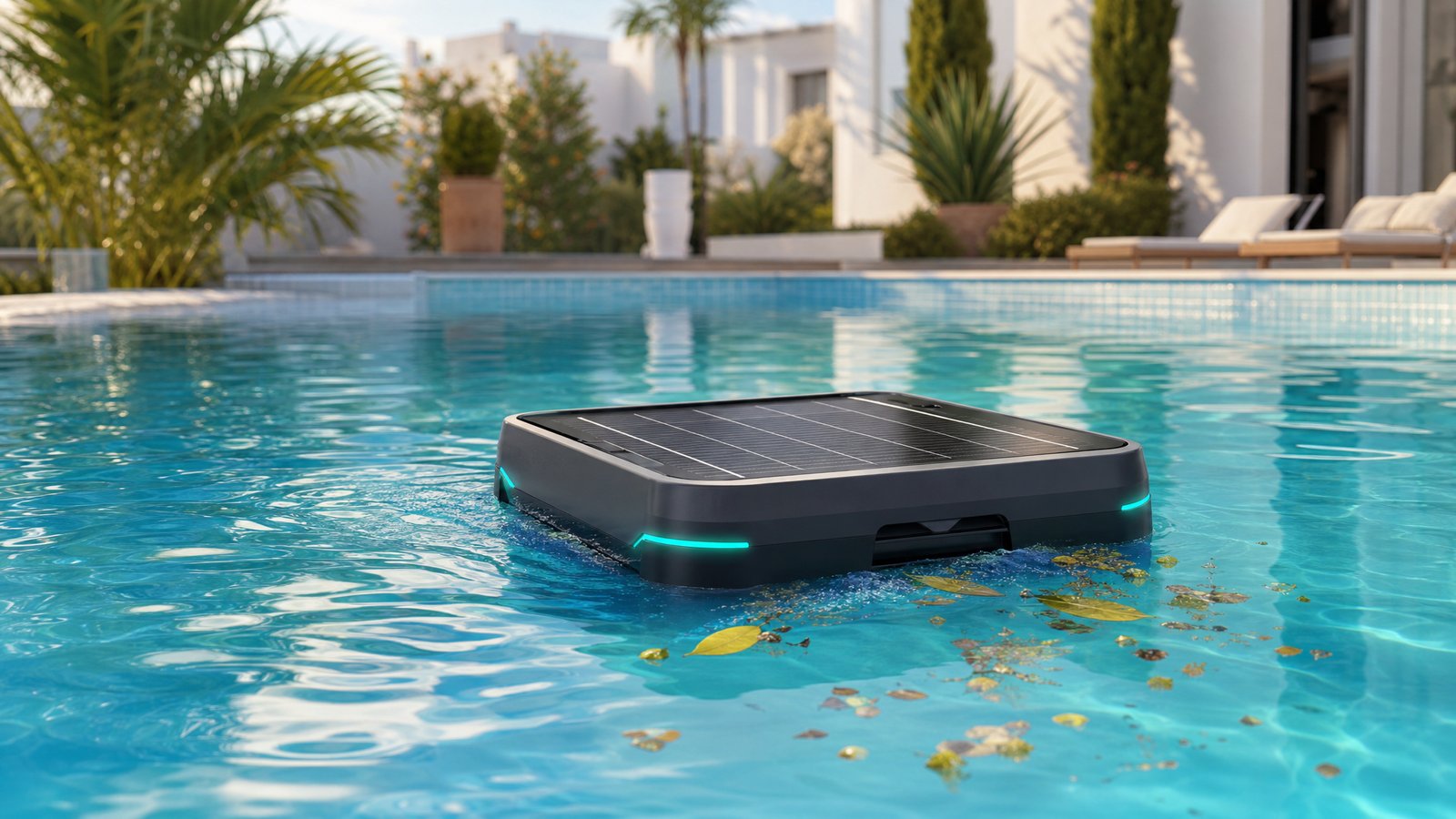 WYBOT F1 opinioni — skimmer solare galleggiante che raccoglie foglie sulla superficie della piscina
