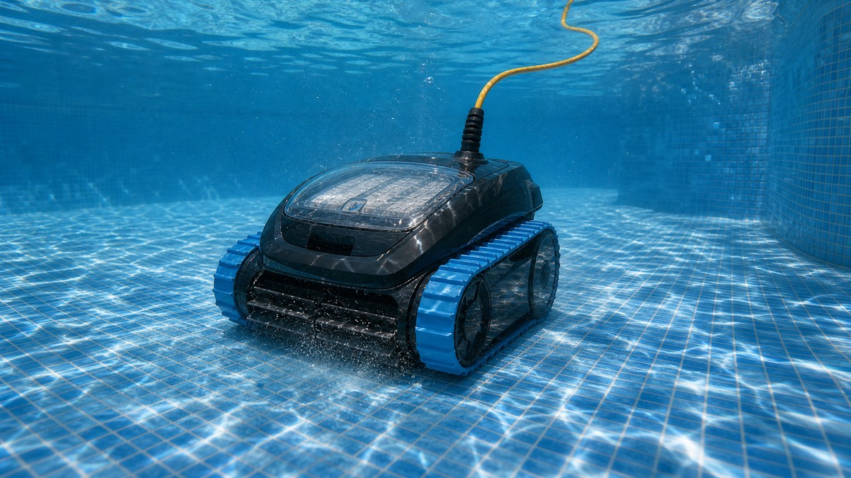 Zodiac CNX 40 iQ opinioni — mentre pulisce il fondo di una piscina in gres